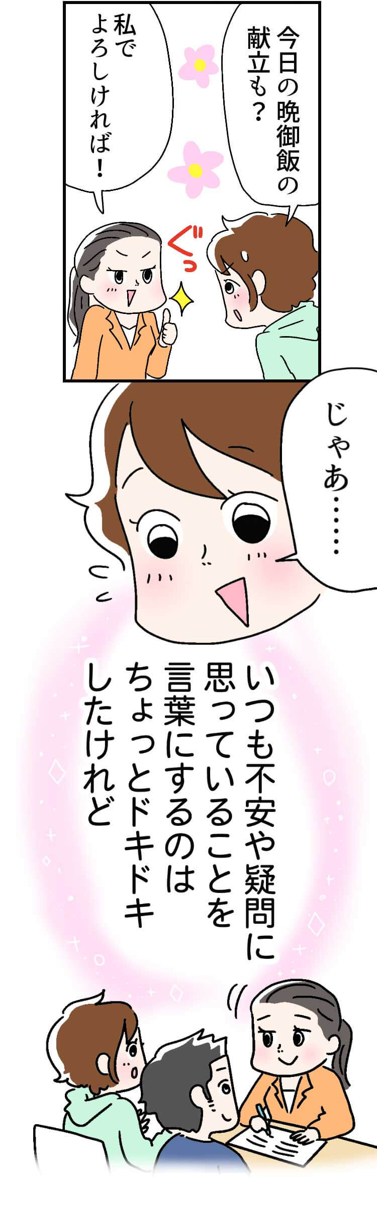 「今日の晩御飯の献立も?」「私でよろしければ!」「じゃあ……」いつも不安や疑問に思っていることを言葉にするのはちょっとドキドキしたけれど