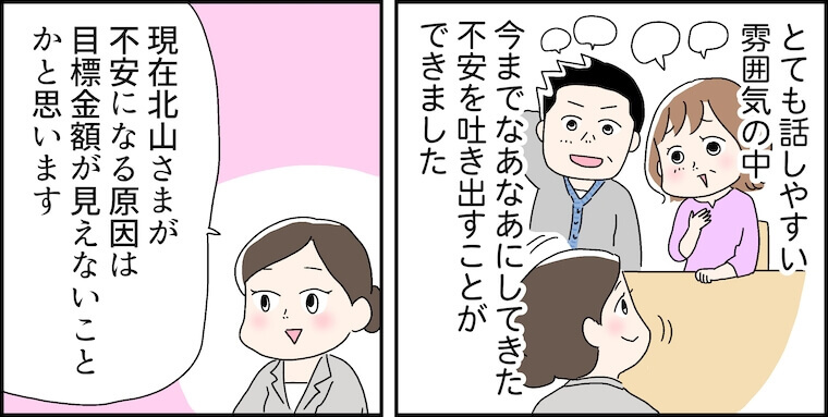 とても話しやすい雰囲気の中、今までなあなあにしてきた不安を吐き出すことができました。「現在北山さまが不安になる原因は目標金額が見えないことかと思います」